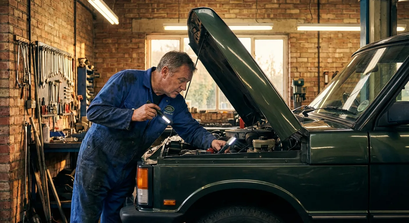 Mechanic working on a Land Rover engine in the workshop